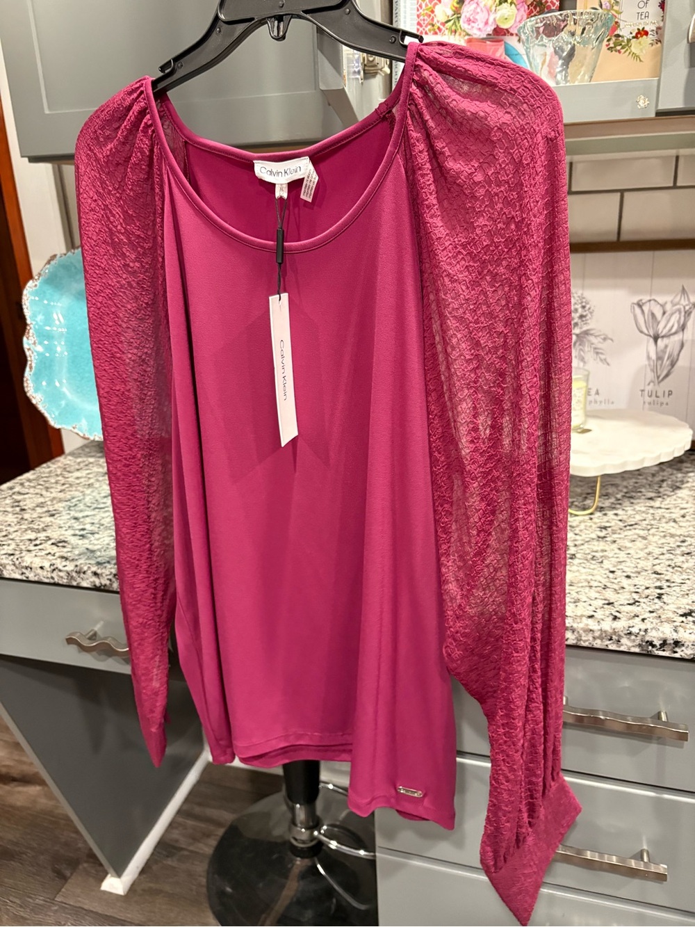 Calvin Klein Women's Magenta Knit Top With Semi Sheer Sleeves